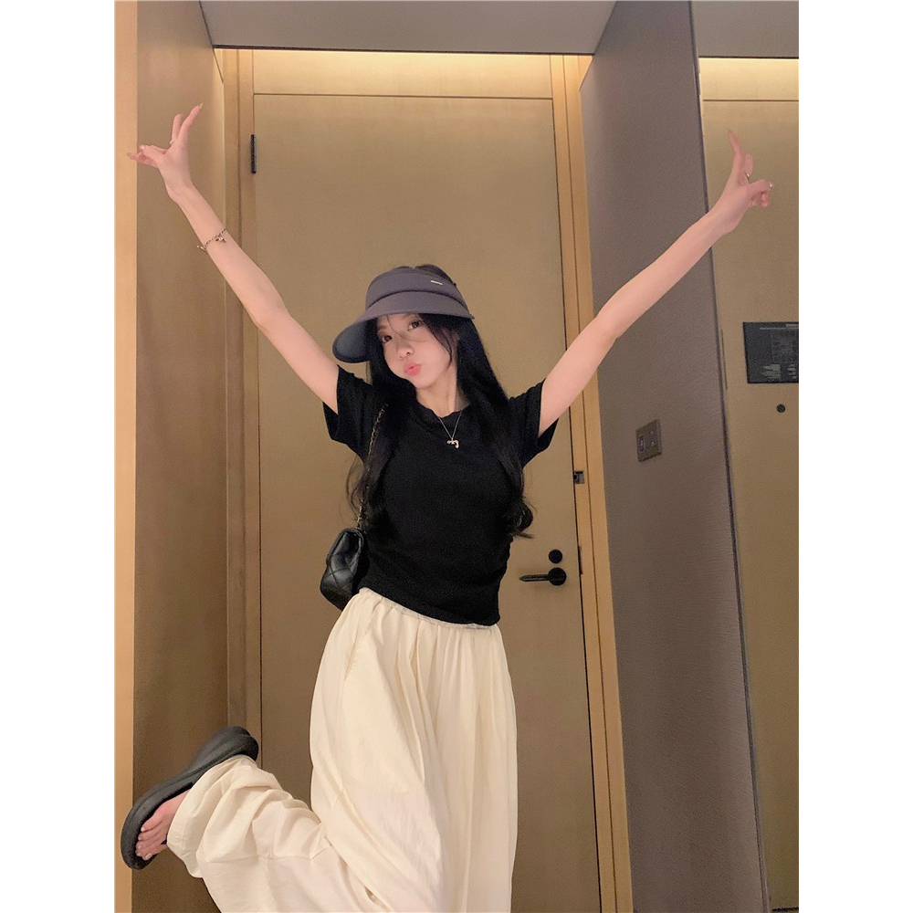 Áo Thun Mùa Hè 2023 Tay Cộc Cổ Tròn Khoét Lưng Màu Trơn Cho Nữ