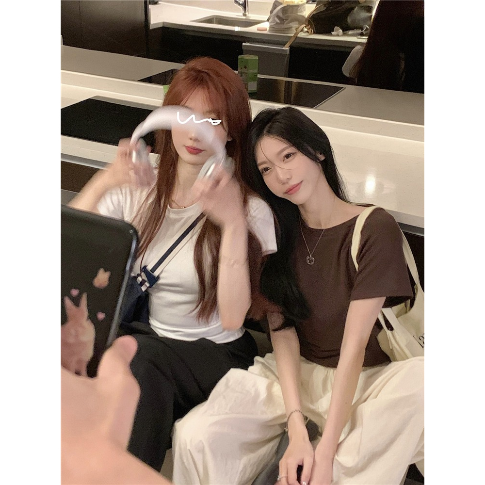 Áo Thun Mùa Hè 2023 Tay Cộc Cổ Tròn Khoét Lưng Màu Trơn Cho Nữ