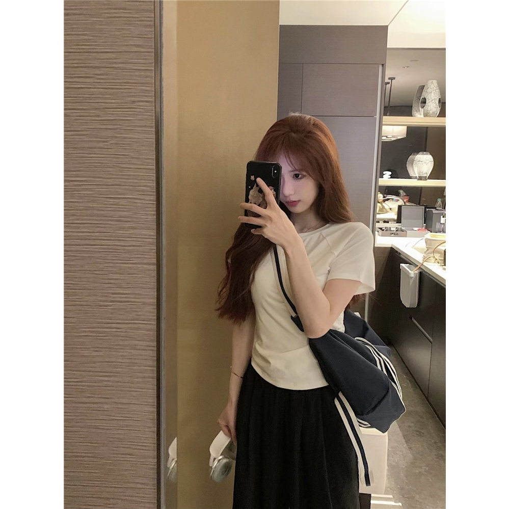 Áo Thun Mùa Hè 2023 Tay Cộc Cổ Tròn Khoét Lưng Màu Trơn Cho Nữ