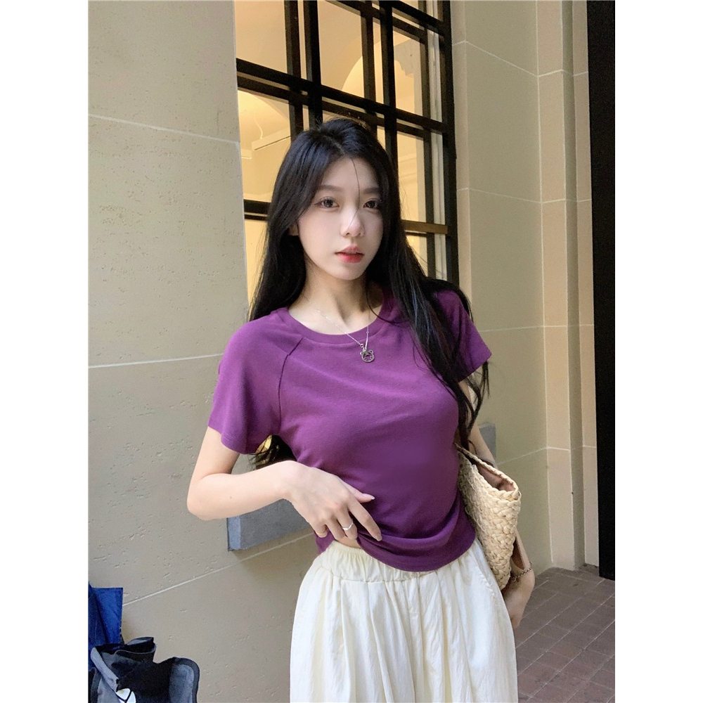 Áo Thun Mùa Hè 2023 Tay Cộc Cổ Tròn Khoét Lưng Màu Trơn Cho Nữ