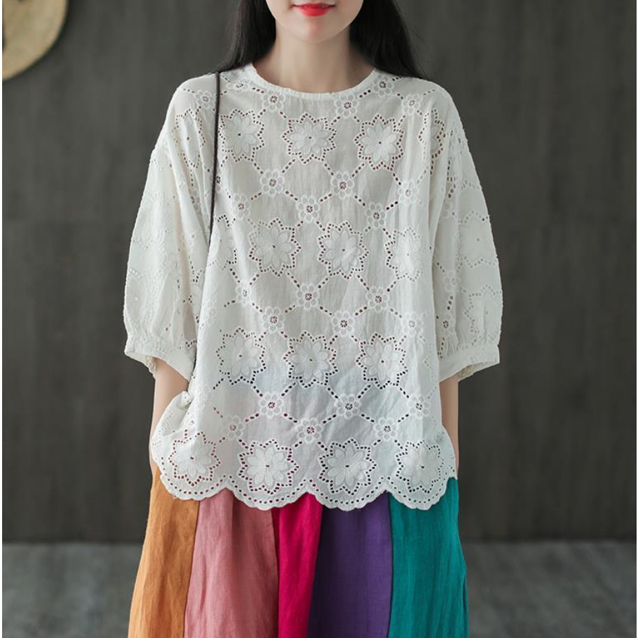 Áo Thun cotton Lanh Tay Ngắn Dáng Rộng Phối Ren Phong Cách Dân Tộc Dành Cho Nữ
