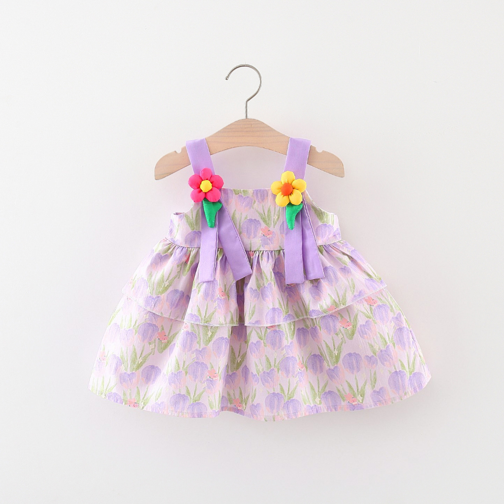 Đầm Cotton Hai Lớp In Họa Tiết Hoa Tulip Dễ Thương Thời Trang Mùa Hè 2023 Cho Bé Gái 1-3 Tuổi