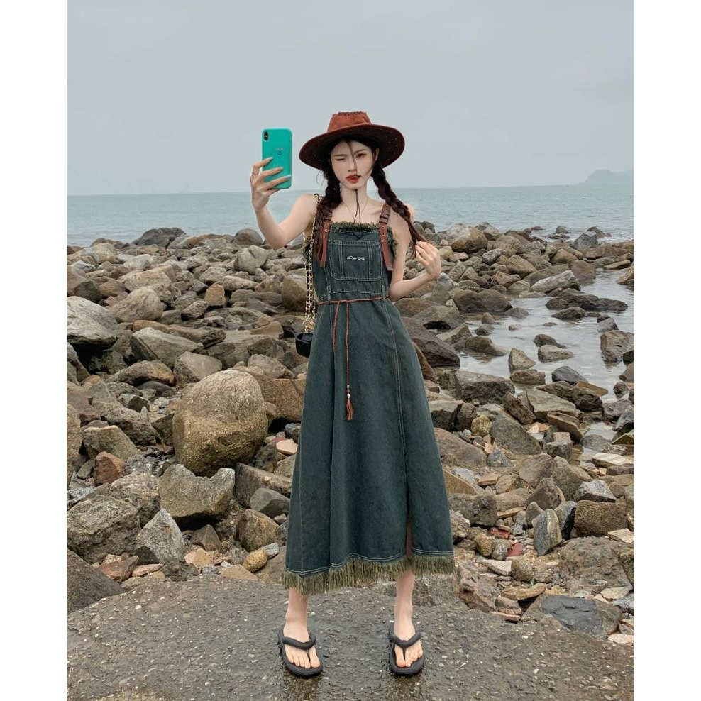 Đầm Yếm Denim Dáng Dài Ôm Eo Phong Cách Retro Mỹ Thời Trang Mùa Hè Dành Cho Nữ