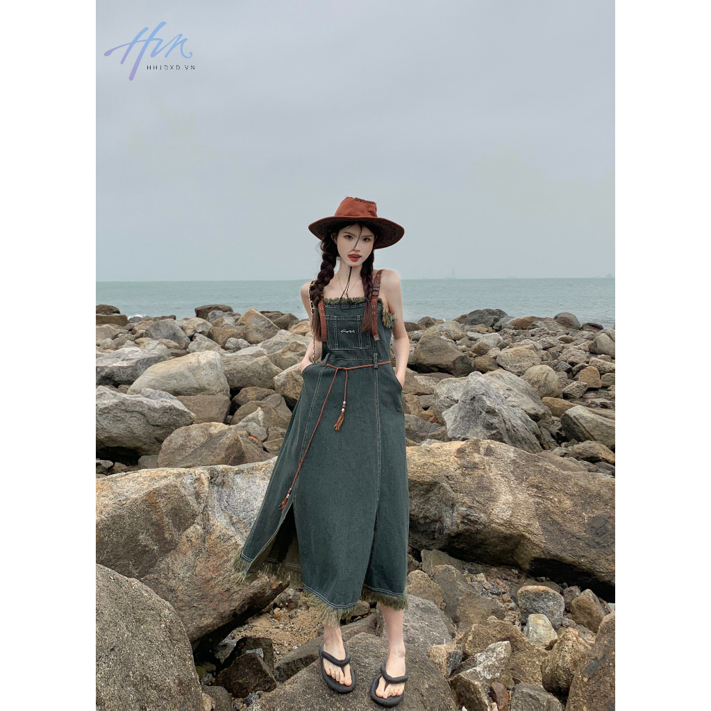 Đầm Yếm Denim Dáng Dài Ôm Eo Phong Cách Retro Mỹ Thời Trang Mùa Hè Dành Cho Nữ