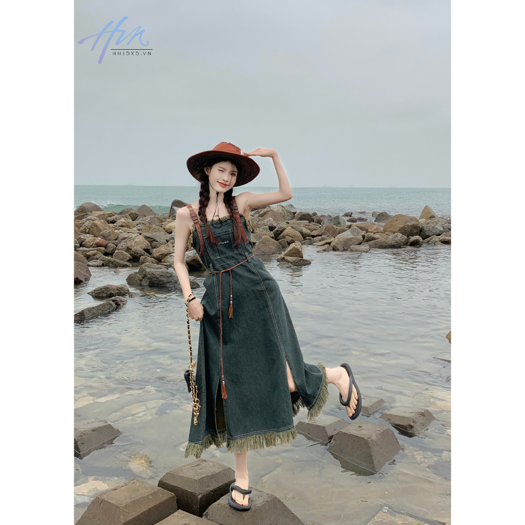 Đầm Yếm Denim Dáng Dài Ôm Eo Phong Cách Retro Mỹ Thời Trang Mùa Hè Dành Cho Nữ