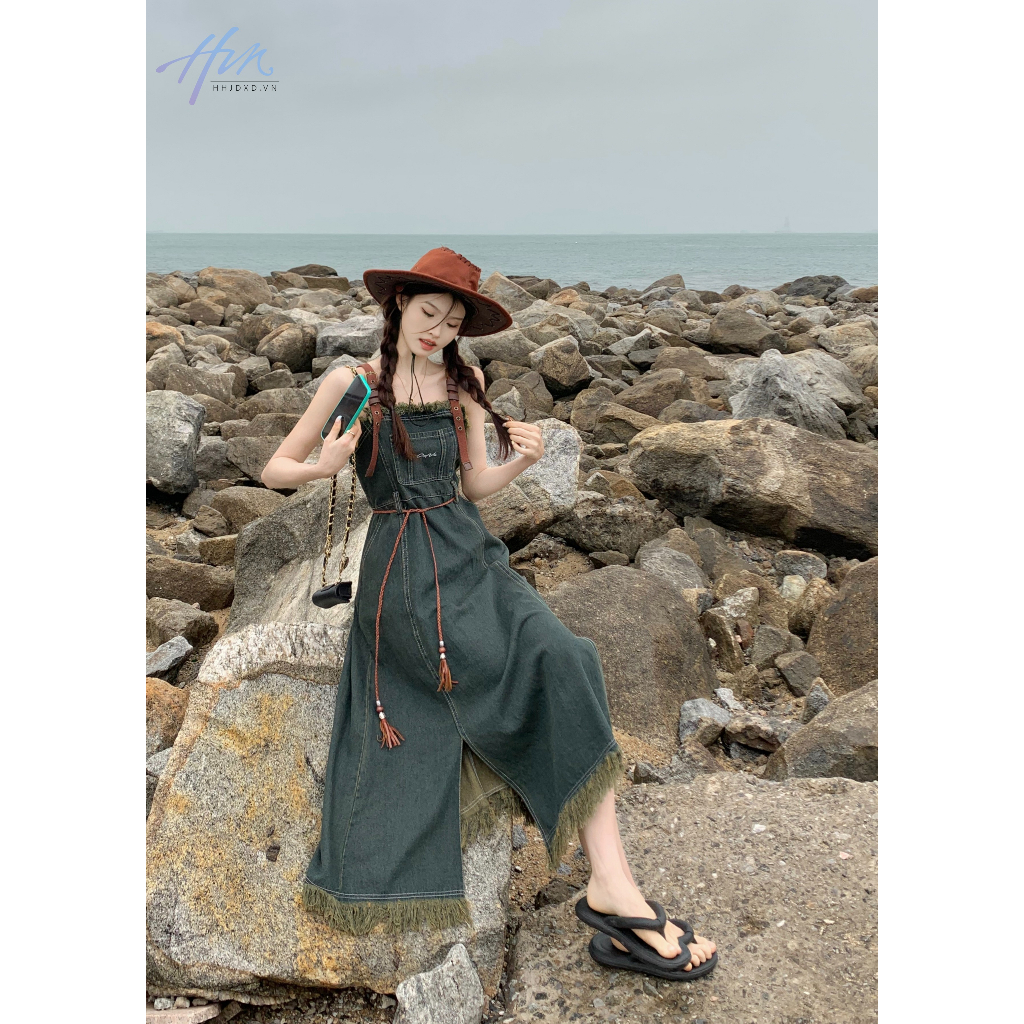 Đầm Yếm Denim Dáng Dài Ôm Eo Phong Cách Retro Mỹ Thời Trang Mùa Hè Dành Cho Nữ