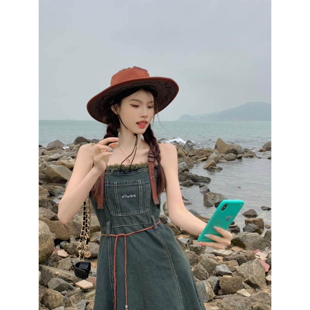 Đầm Yếm Denim Dáng Dài Ôm Eo Phong Cách Retro Mỹ Thời Trang Mùa Hè Dành Cho Nữ