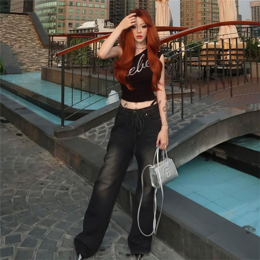 Klalien Áo Hai Dây Mùa Hè Ôm Dáng Lệch Vai In Họa Tiết Chữ Thời Trang Đường Phố Cá Tính Cho Nữ | BigBuy360 - bigbuy360.vn