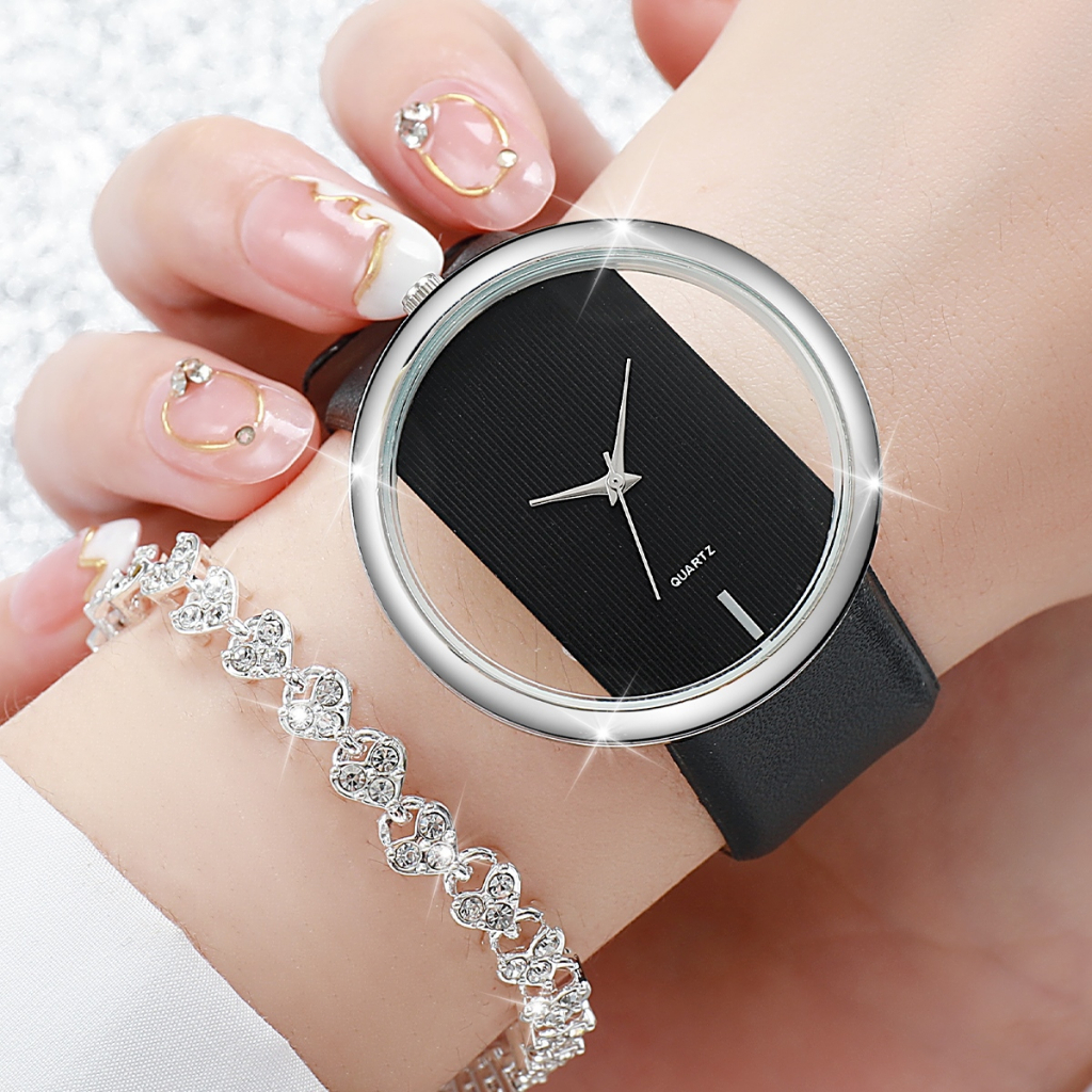 Đồng Hồ Nữ Dây Da Mặt Tròn Đính Hạt Giả Ngọc Trai Thời Trang