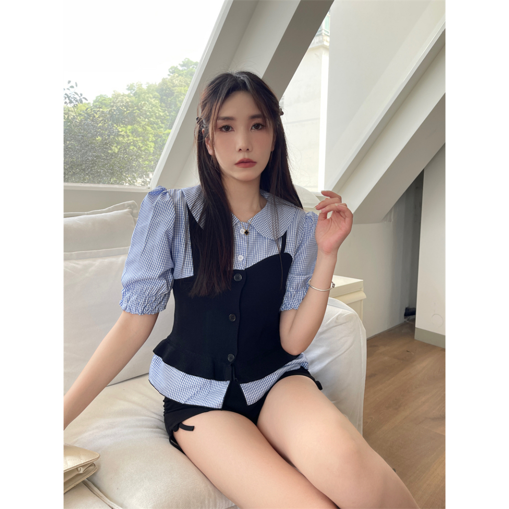 Áo Thun Tay Ngắn Phồng Cổ Búp Bê Họa Tiết Kẻ Sọc Phong Cách Retro Thời Trang Mùa Hè Mới Cho Nữ