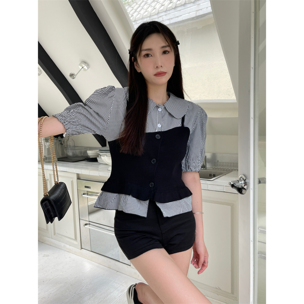 Áo Thun Tay Ngắn Phồng Cổ Búp Bê Họa Tiết Kẻ Sọc Phong Cách Retro Thời Trang Mùa Hè Mới Cho Nữ