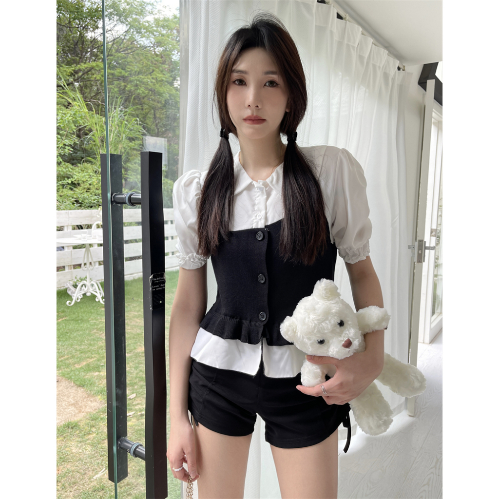 Áo Thun Tay Ngắn Phồng Cổ Búp Bê Họa Tiết Kẻ Sọc Phong Cách Retro Thời Trang Mùa Hè Mới Cho Nữ