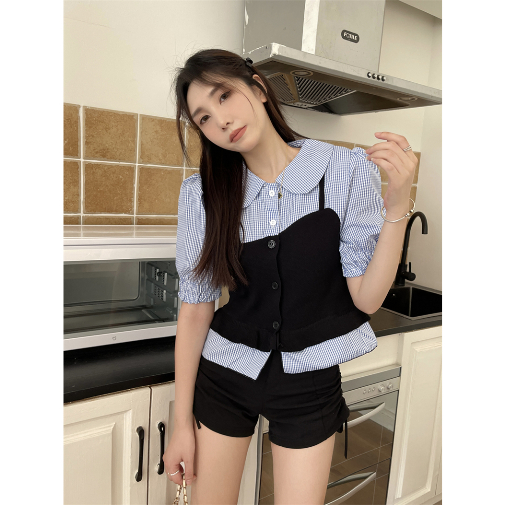 Áo Thun Tay Ngắn Phồng Cổ Búp Bê Họa Tiết Kẻ Sọc Phong Cách Retro Thời Trang Mùa Hè Mới Cho Nữ