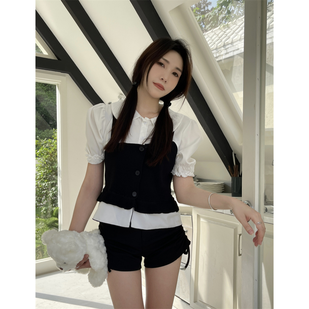 Áo Thun Tay Ngắn Phồng Cổ Búp Bê Họa Tiết Kẻ Sọc Phong Cách Retro Thời Trang Mùa Hè Mới Cho Nữ