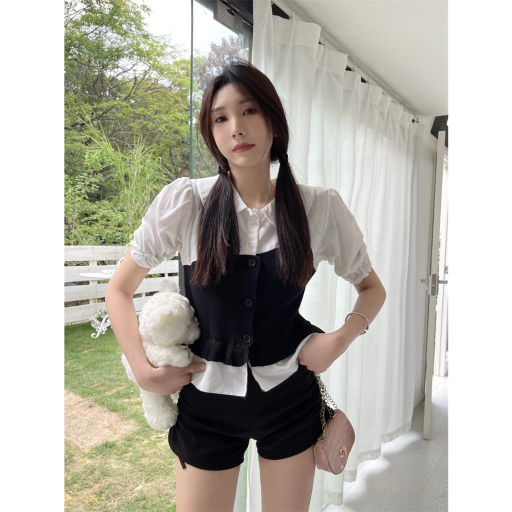 Áo Thun Tay Ngắn Phồng Cổ Búp Bê Họa Tiết Kẻ Sọc Phong Cách Retro Thời Trang Mùa Hè Mới Cho Nữ