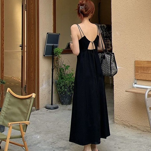 Đầm Đen Dài Ngang Gối Lưng Cao Thời Trang Mùa Hè Cho Nữ