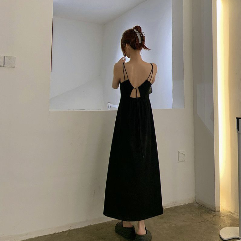Đầm Đen Dài Ngang Gối Lưng Cao Thời Trang Mùa Hè Cho Nữ