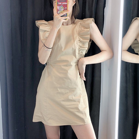 Đầm Ngắn Ôm Eo Không Tay Nhún Bèo Màu Trơn Thời Trang Mùa Hè Dành Cho Nữ