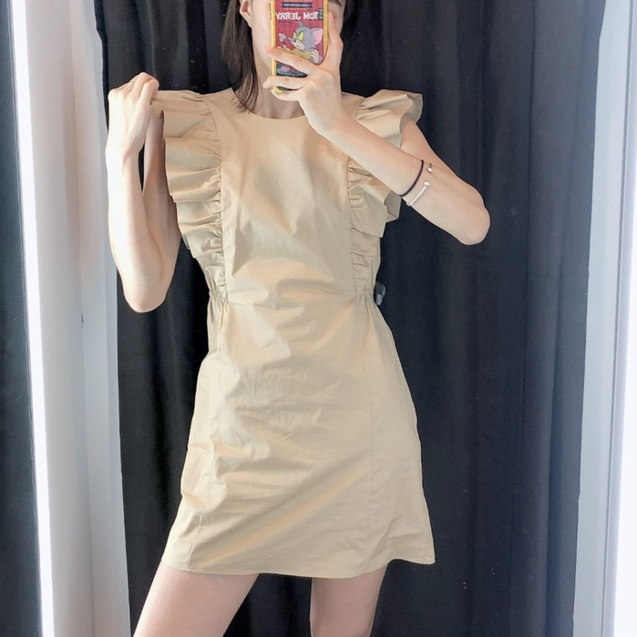 Đầm Ngắn Ôm Eo Không Tay Nhún Bèo Màu Trơn Thời Trang Mùa Hè Dành Cho Nữ