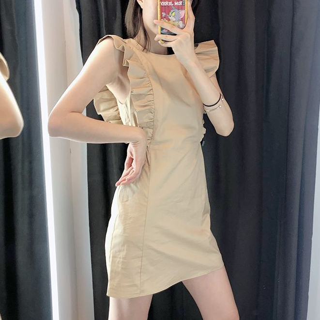 Đầm Ngắn Ôm Eo Không Tay Nhún Bèo Màu Trơn Thời Trang Mùa Hè Dành Cho Nữ