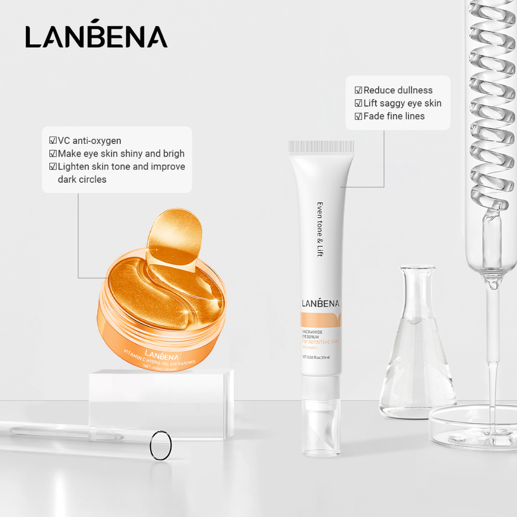 Bộ Dưỡng Mắt Lanbena Vitamin C Mặt Nạ Mắt Vitamin C & Niacinamide Eye Serum Loại Bỏ Quầng Thâm (60 Cái & 20ml)