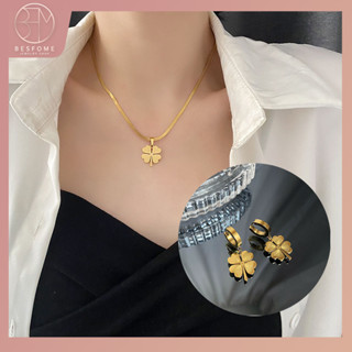 Besfome Bộ Vòng cổ Bông Tai Bằng Thép Titan Mạ Vàng 18k Mặt Cỏ Bốn Lá Không Phai Màu Sang Trọng Thời Trang Mới 2023