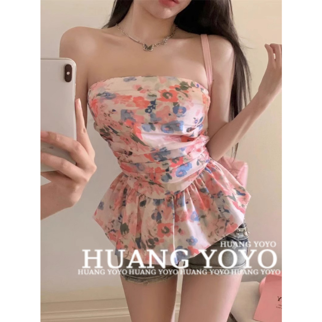 HUANG YOYO Áo Tank Top Hở Vai Dáng Ôm Màu Nhuộm Thời Trang Mùa Hè Quyến Rũ Cho Nữ
