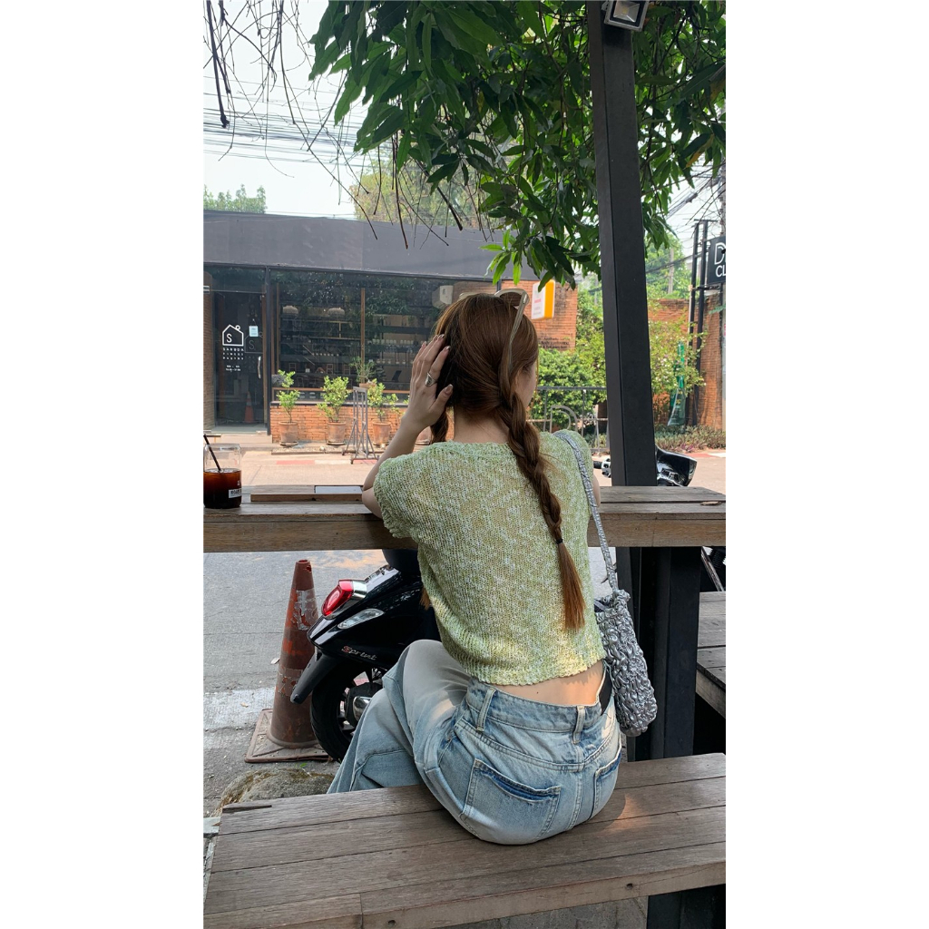 Áo Thun Dệt Kim Tay Ngắn Cổ Chữ V Thiết Kế Mới Phong Cách Retro Dành Cho Nữ