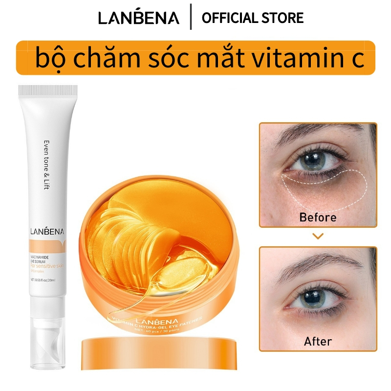 Bộ Dưỡng Mắt Lanbena Vitamin C Mặt Nạ Mắt Vitamin C & Niacinamide Eye Serum Loại Bỏ Quầng Thâm (60 Cái & 20ml)