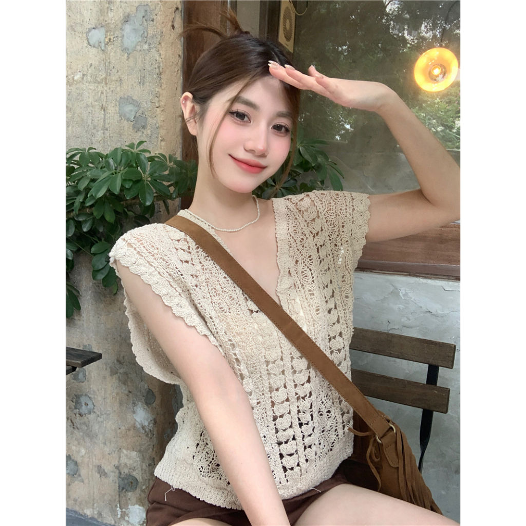 Áo Dệt Kim Sát Nách Dáng Rộng Cổ Chữ V Khoét Sâu Thời Trang Cho Nữ