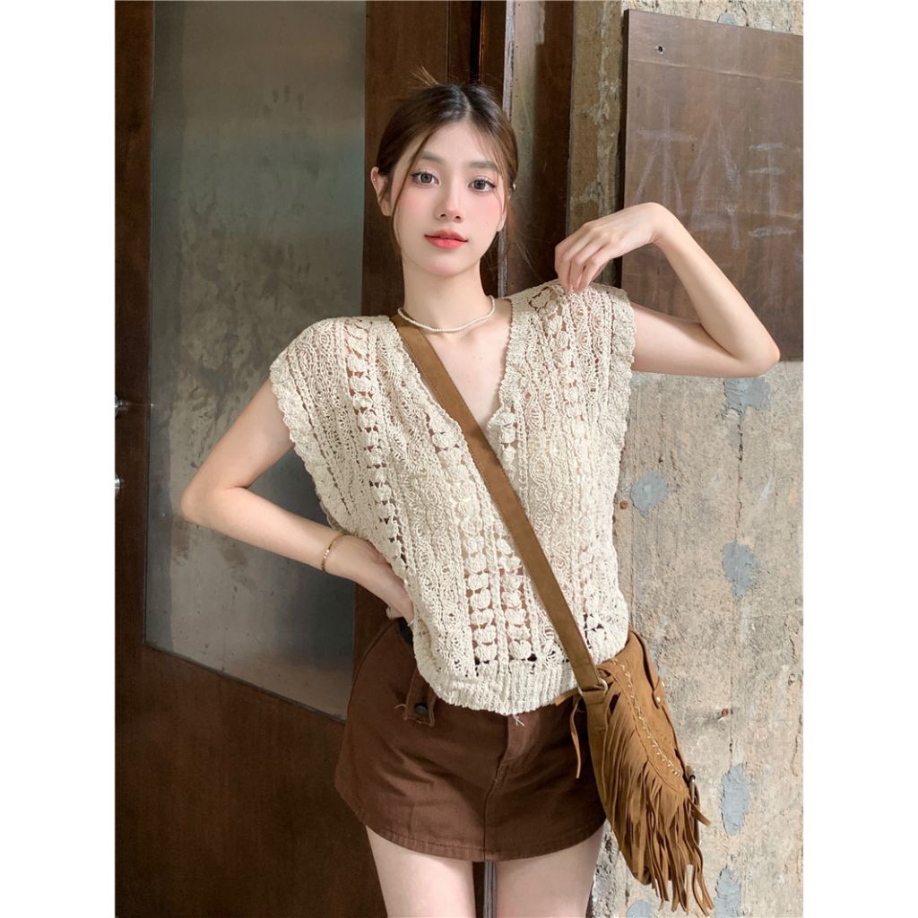 Áo Dệt Kim Sát Nách Dáng Rộng Cổ Chữ V Khoét Sâu Thời Trang Cho Nữ