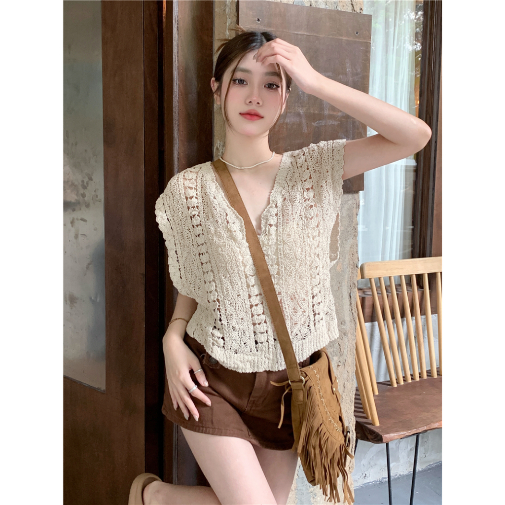 Áo Dệt Kim Sát Nách Dáng Rộng Cổ Chữ V Khoét Sâu Thời Trang Cho Nữ