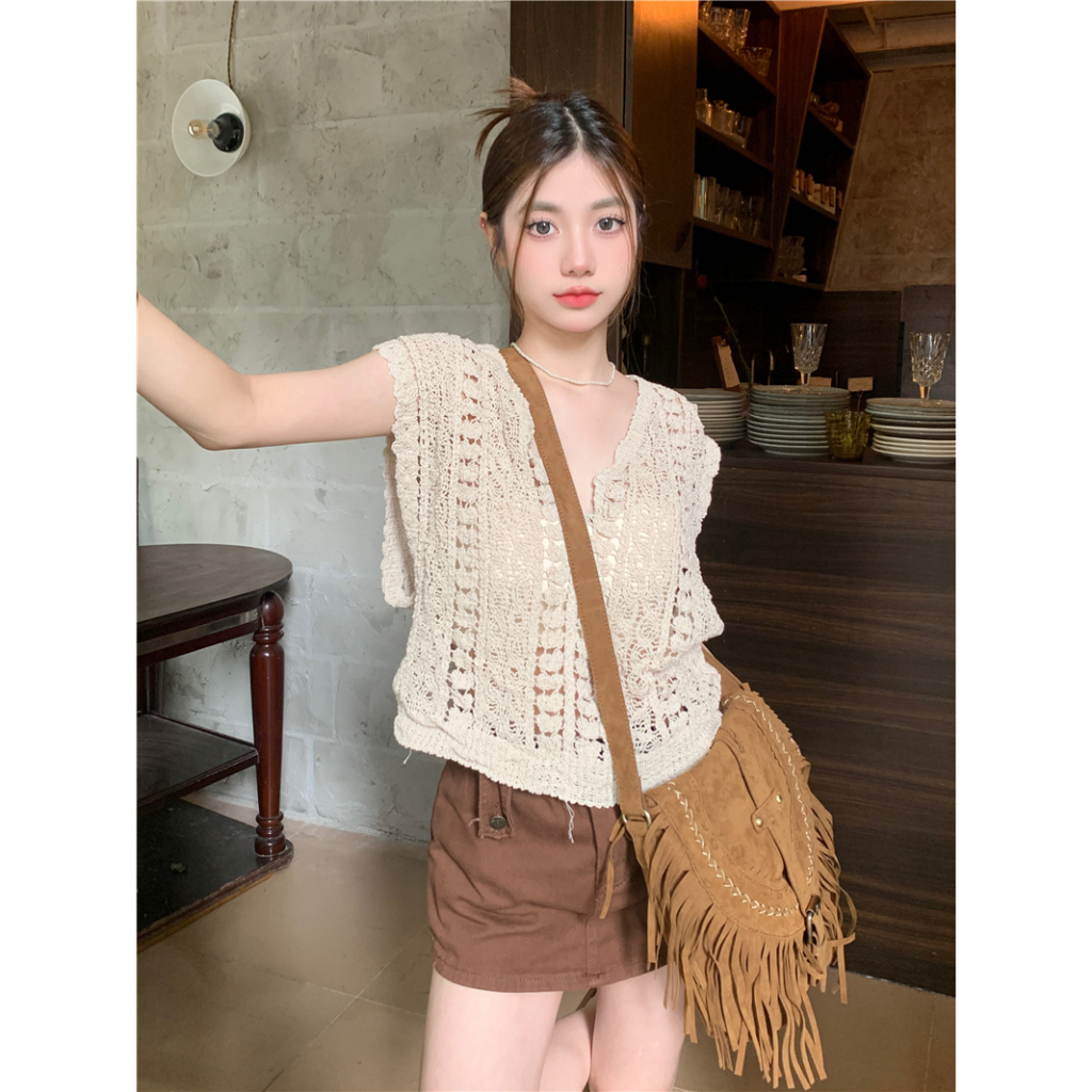 Áo Dệt Kim Sát Nách Dáng Rộng Cổ Chữ V Khoét Sâu Thời Trang Cho Nữ