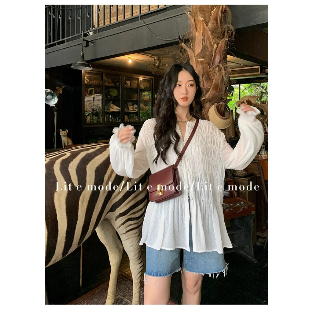Áo Sơ Mi Trắng Mỏng Chống Nắng Xếp Ly Kiểu Pháp Thiết Kế Xinh Xắn Cho Nữ