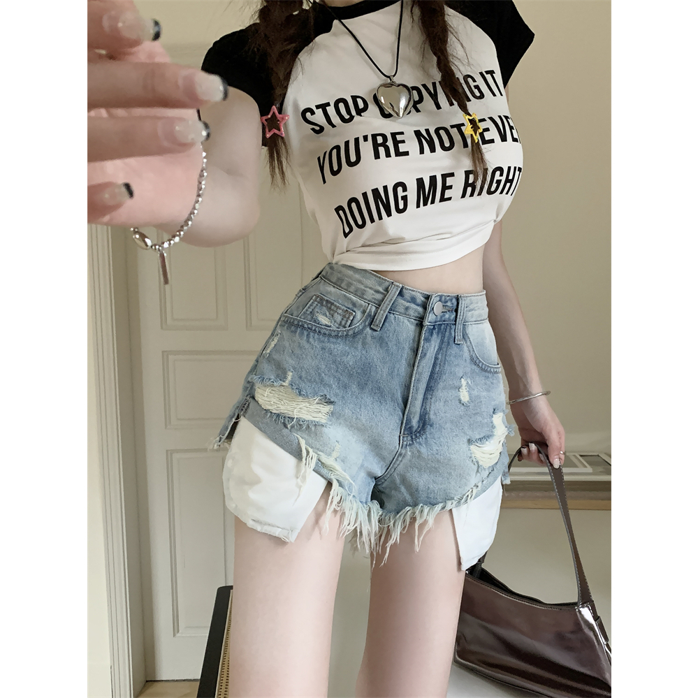 Lalisas Quần Short denim Rách Lưng Cao Ống Rộng Phong Cách retro Mỹ Cho Nữ