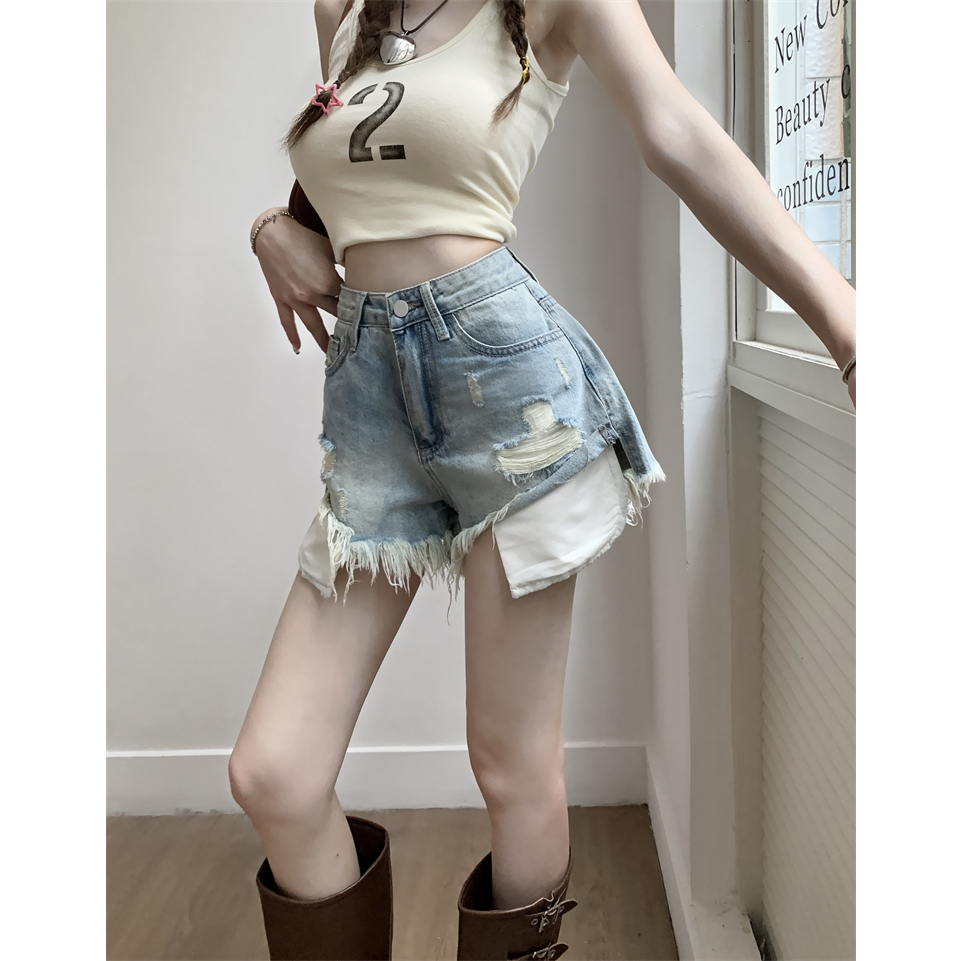 Lalisas Quần Short denim Rách Lưng Cao Ống Rộng Phong Cách retro Mỹ Cho Nữ