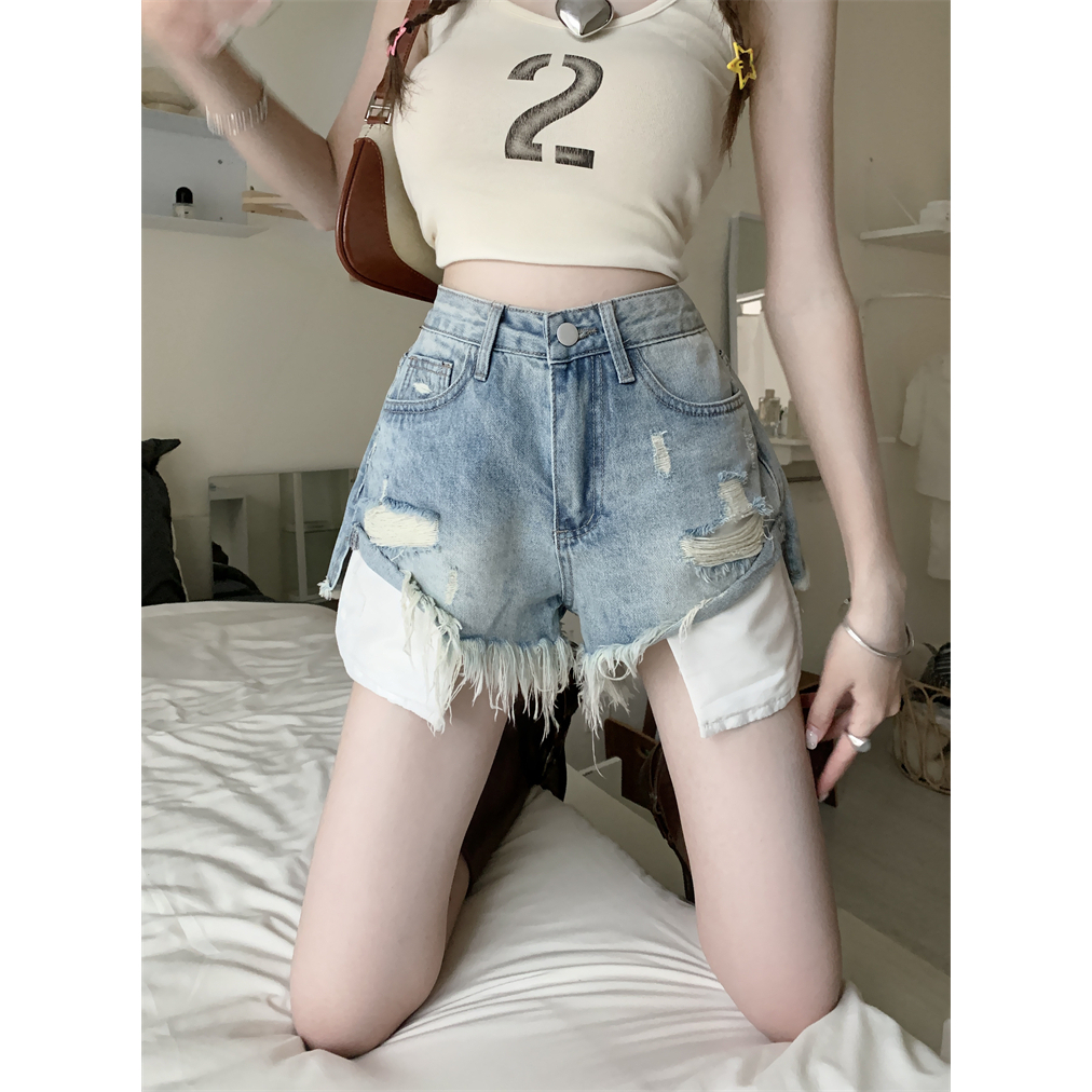 Lalisas Quần Short denim Rách Lưng Cao Ống Rộng Phong Cách retro Mỹ Cho Nữ