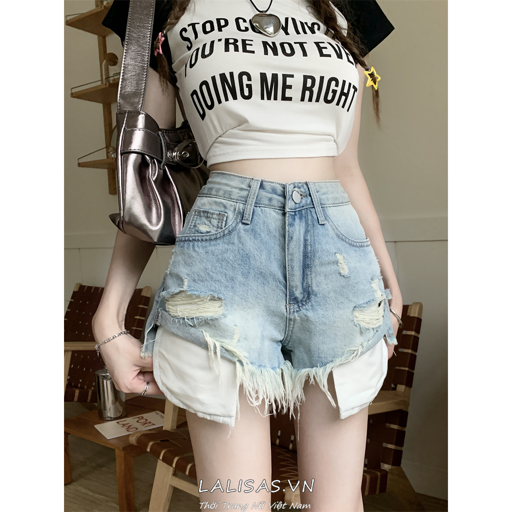 Lalisas Quần Short denim Rách Lưng Cao Ống Rộng Phong Cách retro Mỹ Cho Nữ