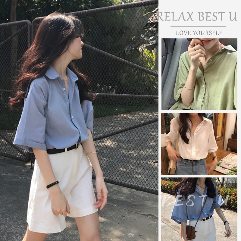 You You  Áo Sơ Mi Tay Ngắn Màu Sắc Đơn Giản Phong Cách Hàn Quốc Cho Nữ