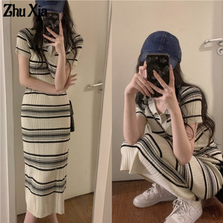ZhuXia Đầm Dệt Kim Cổ polo Dáng Dài Qua Gối Thời Trang Mùa Hè Hàn Quốc Hàng Mới 2023 Dành Cho Bạn Nữ đầm bà bầu co giãn cao