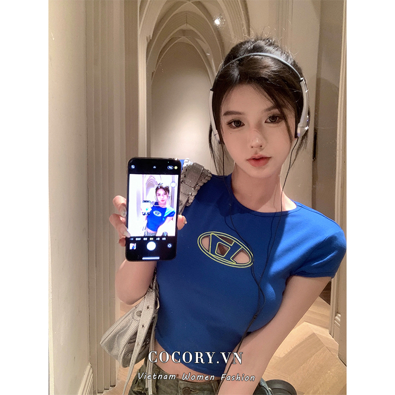 Cocory vn Áo Thun Ngắn Tay Thêu Họa Tiết Thời Trang Quyến Rũ Cho Nữ