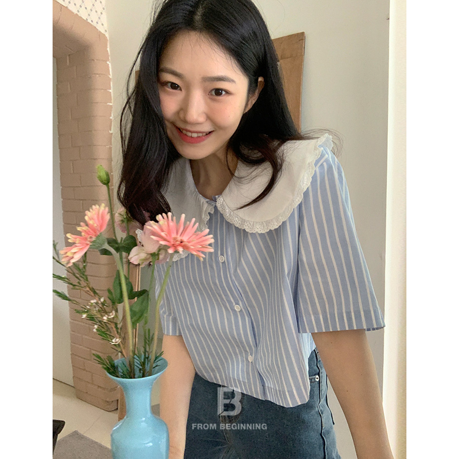 Áo sơ mi SUXI ngắn tay cổ búp bê họa tiết kẻ sọc màu trơn phong cách Hàn Quốc thời trang mùa hè cho nữ