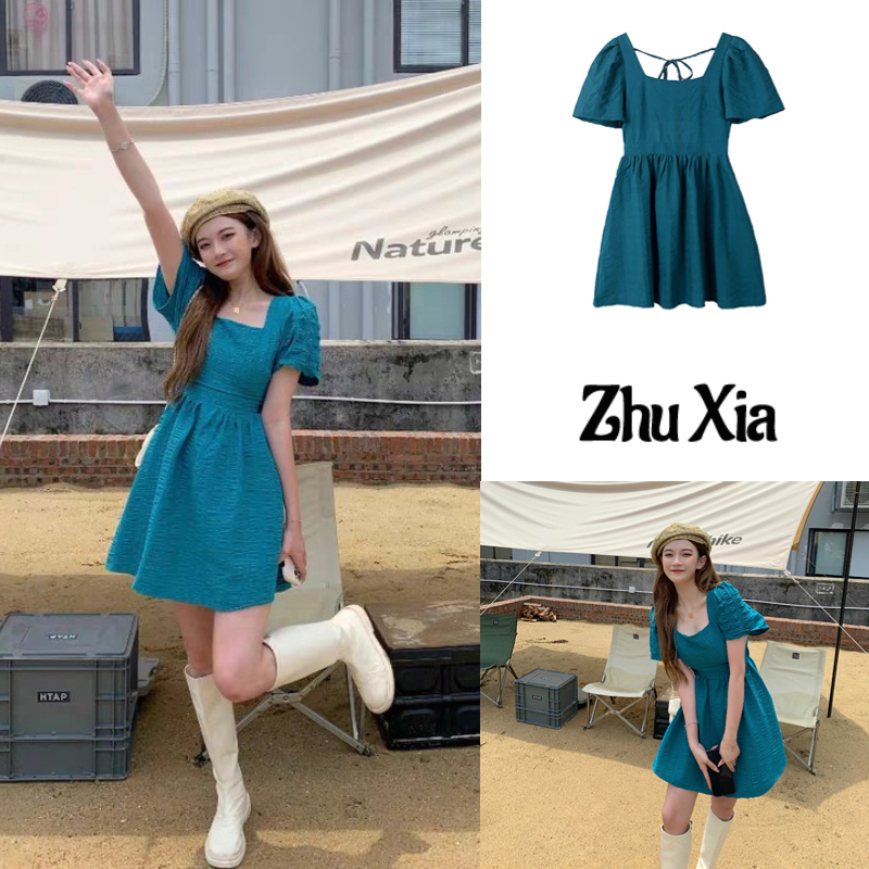 ZhuXia Đầm Babydoll Lưng Cao Cổ Vuông Tay Phồng Hở Lưng Phong Cách Công Chúa Dành Cho Nữ