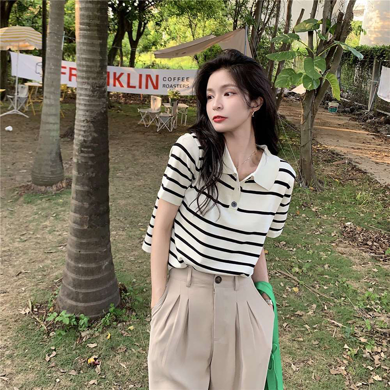 Áo polo Dệt Kim Tay Ngắn Kẻ Sọc Thời Trang Mùa Hè 2023 Mới Cho Nữ