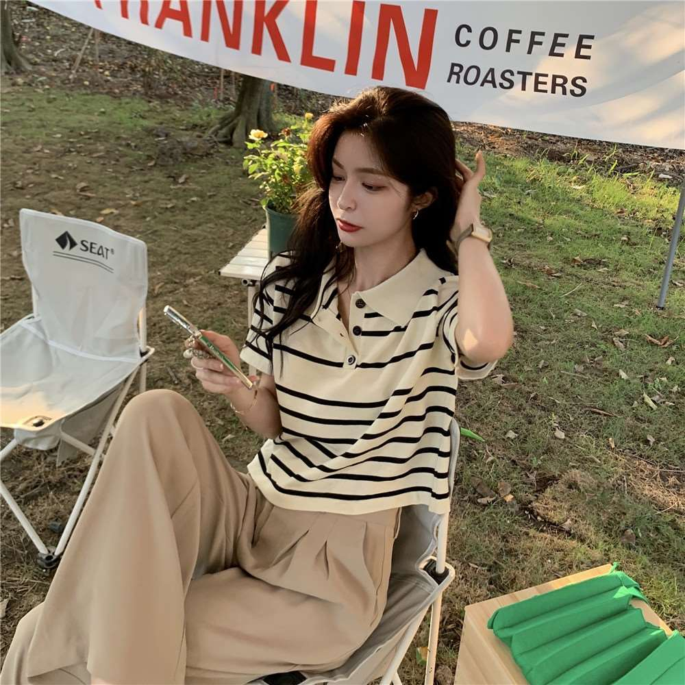 Áo polo Dệt Kim Tay Ngắn Kẻ Sọc Thời Trang Mùa Hè 2023 Mới Cho Nữ