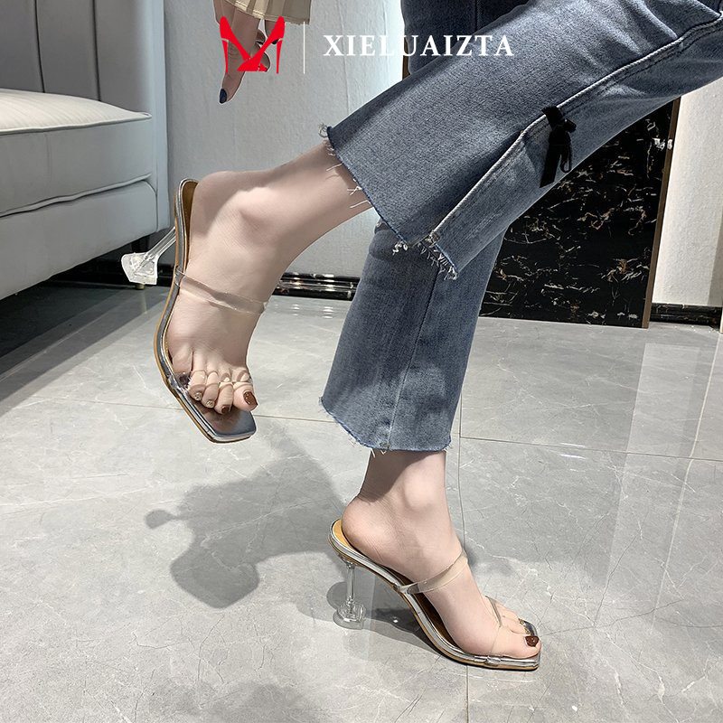 Big Size 34-42 Dép Cao Gót 9CM Quai Ngang Trong Suốt