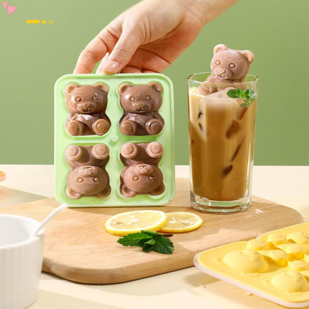 Khuôn Làm Đá / Đá / Chocolate / Đồ Uống 4 Ngăn Hình Gấu Dễ Thương Kèm Nắp Trong Suốt