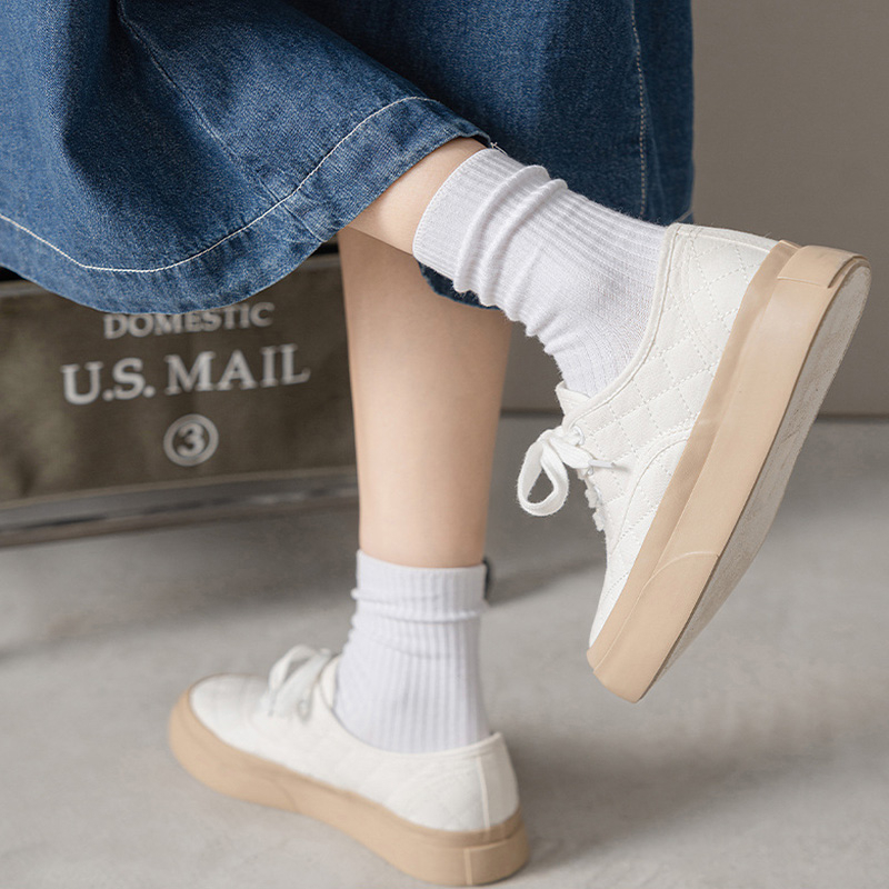 FHYL Vớ Cotton Trơn Màu Cổ Vừa Phong Cách Hàn Quốc Mới