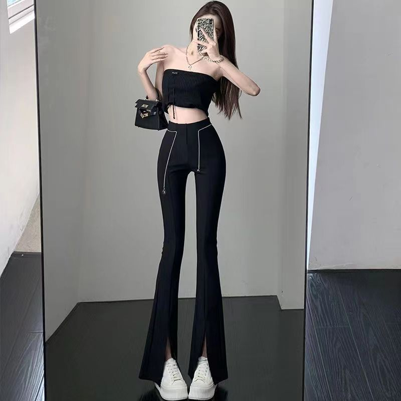Quần Dài Lưng Cao Ống Loe Xẻ Tà Phối Dây Xích Phong Cách Mới Cho Nữ