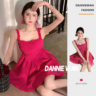 DannieWan váy nữ đầm 2 dây đầm hồng váy tay bồng cổ vuông A22M1JD